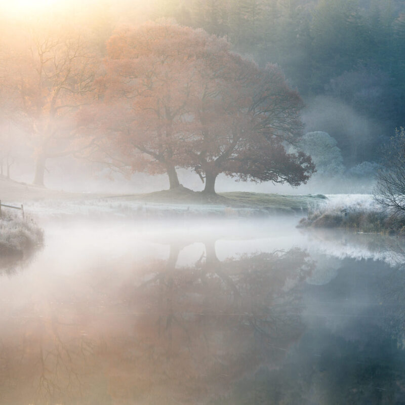 Misty lakeside sunrise representing the quiet, remote locations campervans can access.