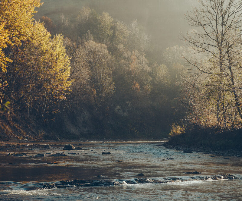 Misty autumn river in rural UK landscape, symbolising off-grid campervan travel and remote connectivity